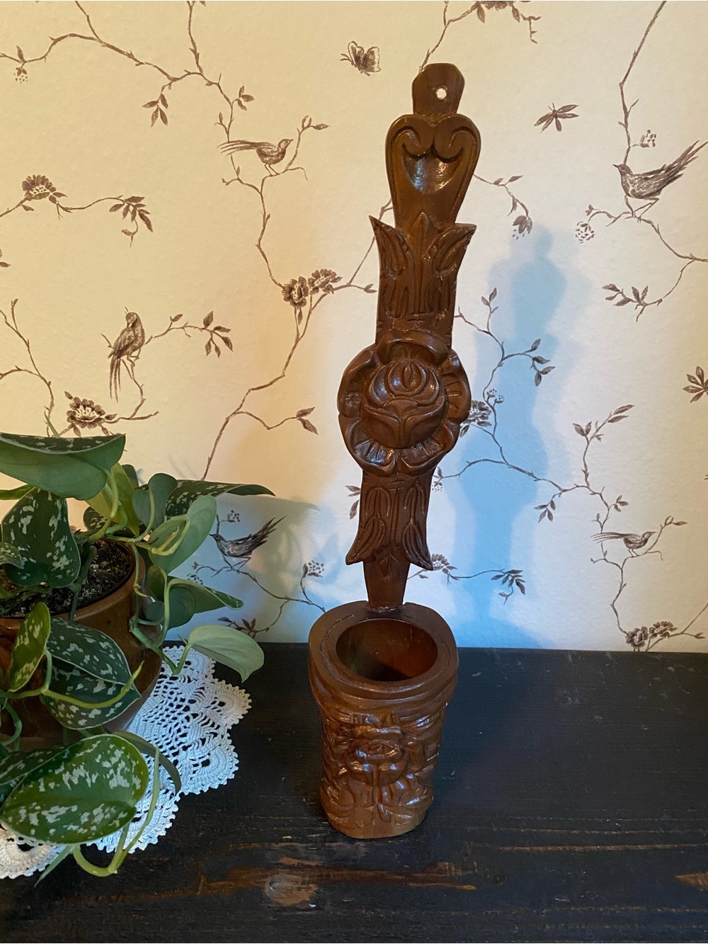 Hand carved wooden wall pocket - warm brown floral design